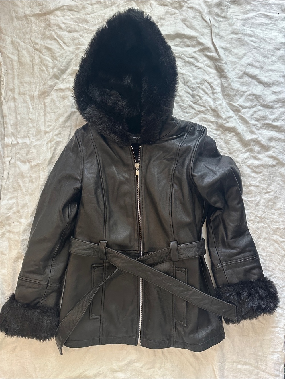 Wilsons Leather Black Hooded Faux-Fur Trim Belted Leather Jacket